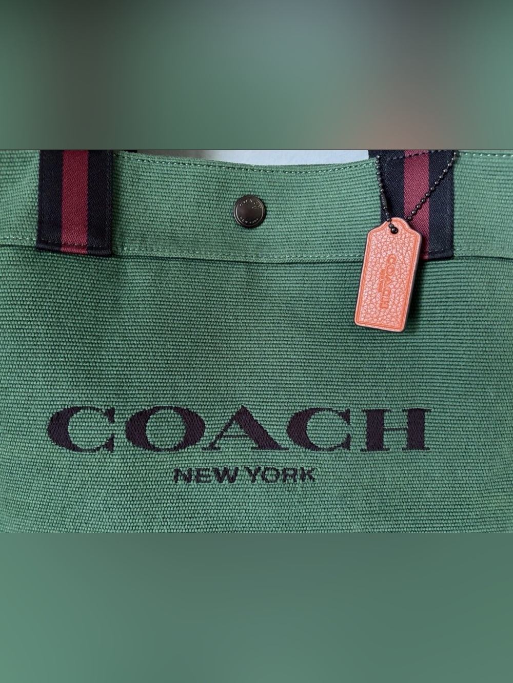 COACH Tote Bag 38 in Colorblock Forest Green Canvas/ Brown Leather/ Navy Stripes - Picture 5 of 16